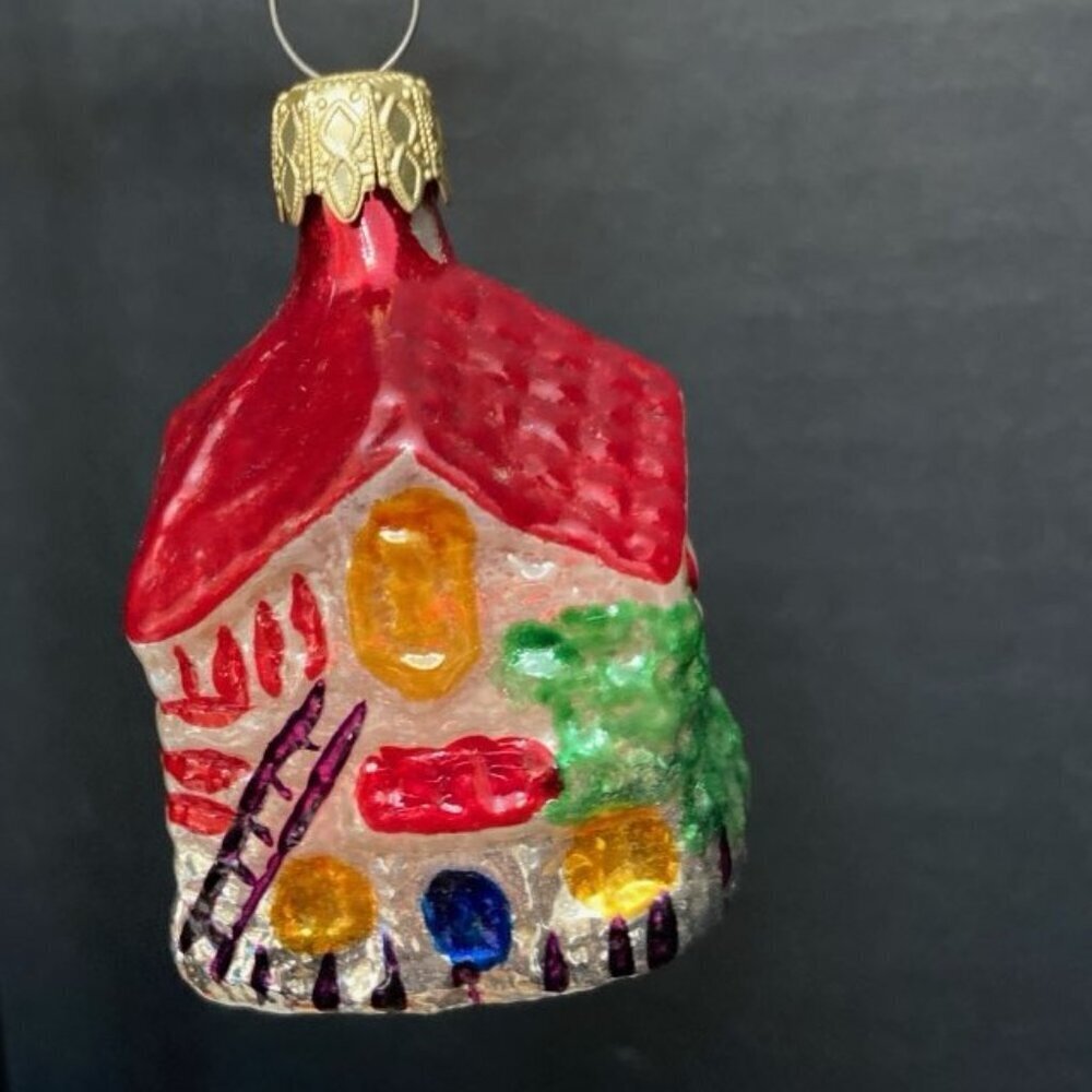 Vintage Hand Painted Glass Ornament Church House Cottage W‎ Germany